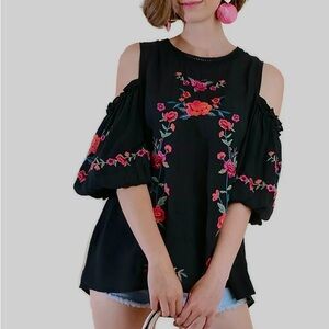 Umgee Black Cold Shoulder Top with Pink Floral Embroidery